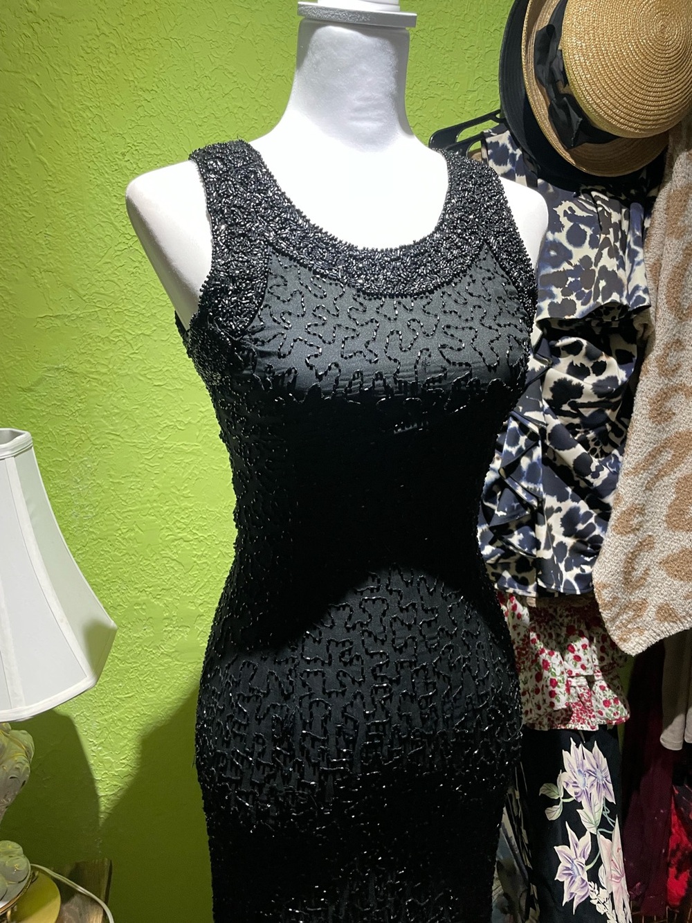 Vintage 80's Laurence Kazar deco Beaded Black Silk Evening Dress elegant gothic